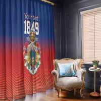 Blue and red window curtain panels with central crest graphic and 'Your text' placeholder
