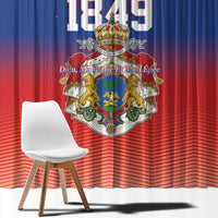 Blue and red window curtain panel with large crest emblem and 'Your text' at top