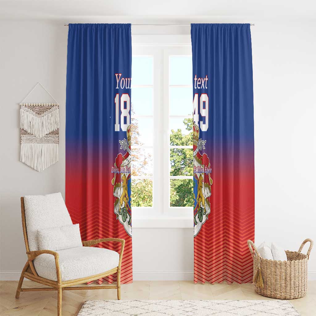 Blue and red window curtain panels with crest artwork and vertical gradient stripe design