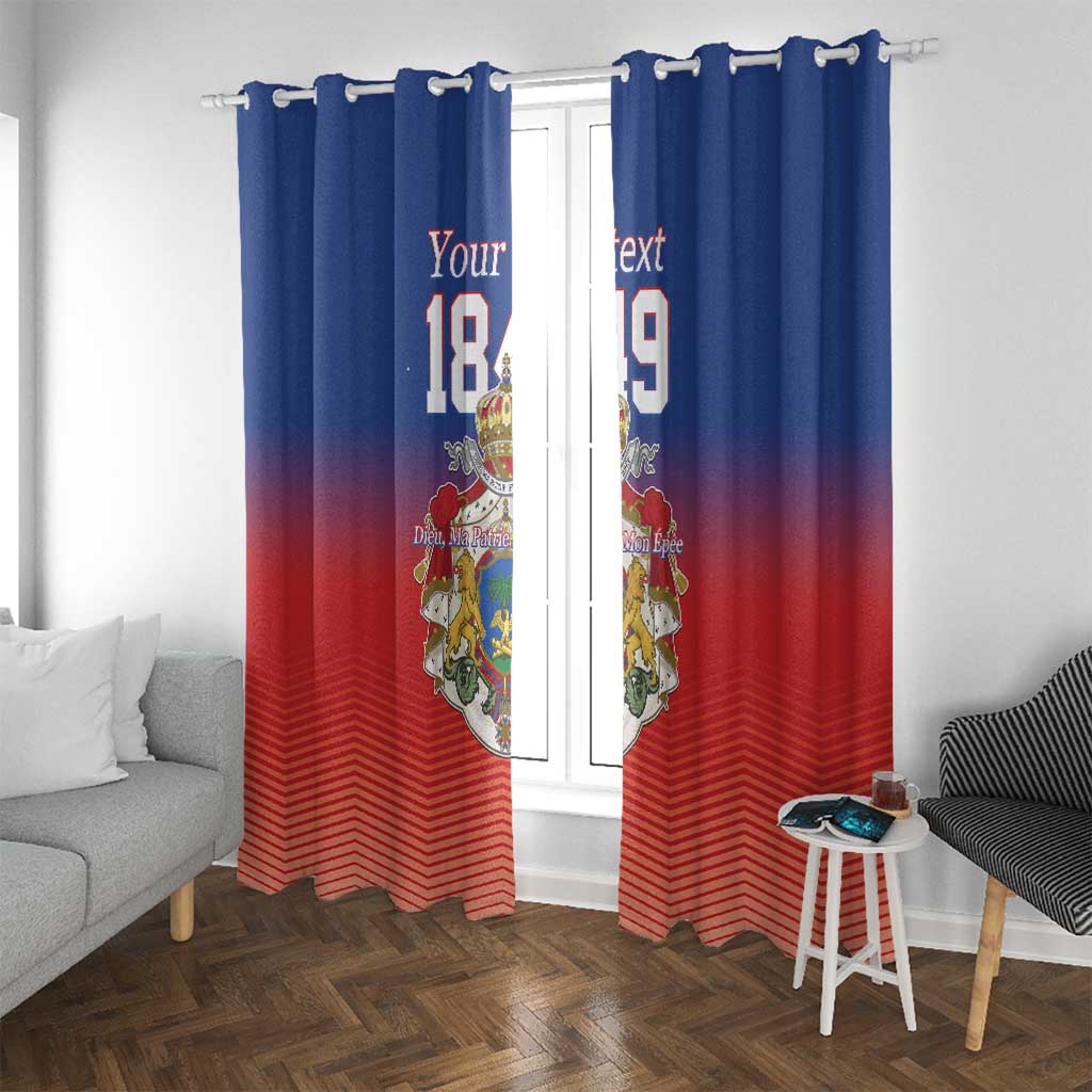 Blue and red window curtain set with grommet-style header and crest graphic