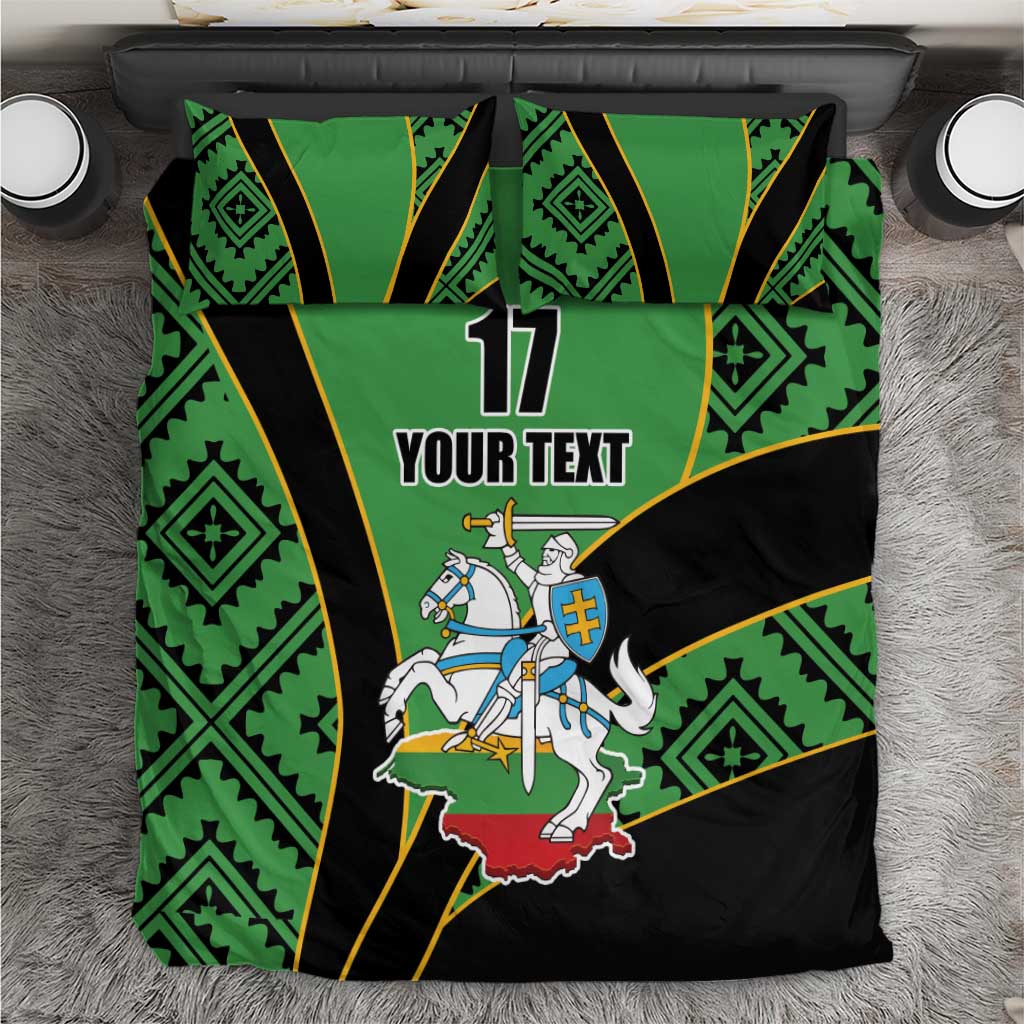 Green and black rugby-themed bedding set with bold 17 and “YOUR TEXT” graphic