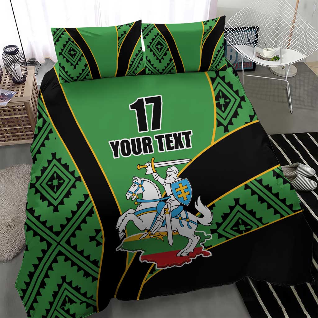 Green and black bedding set showing rugby graphic with “YOUR TEXT” and number 17