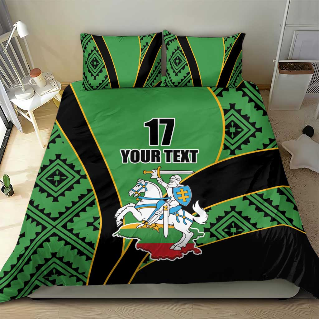 Green and black duvet set with rugby emblem, number 17, and “YOUR TEXT” text