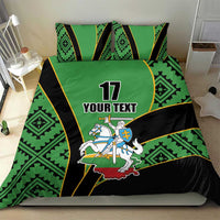 Green and black duvet set with rugby emblem, number 17, and “YOUR TEXT” text