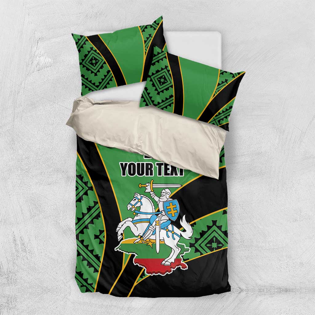 Green and black bedding set with rugby rider graphic, “YOUR TEXT,” and number 17