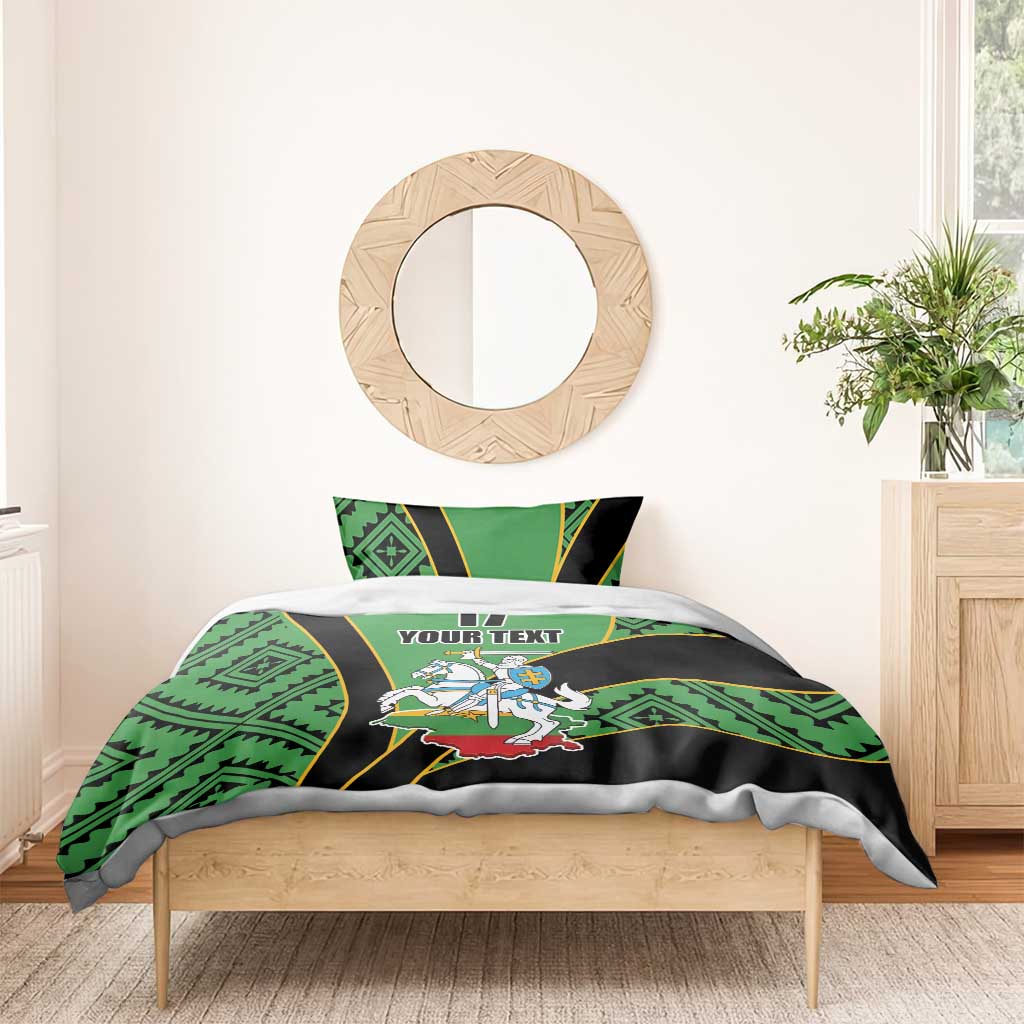 Green and black rugby bedding set with duvet graphic, number 17, and “YOUR TEXT”