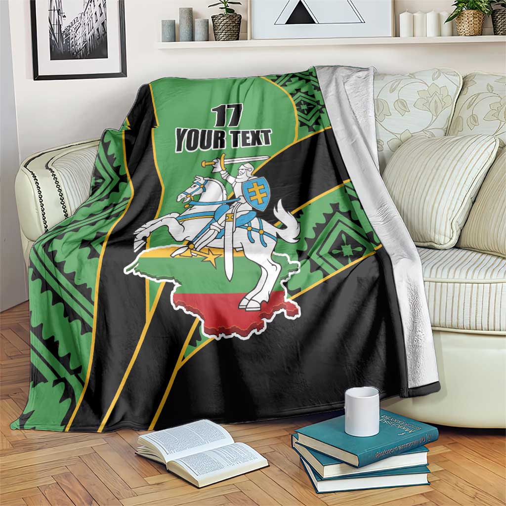Green and black rugby-style blanket with '17 YOUR TEXT' rider crest graphic