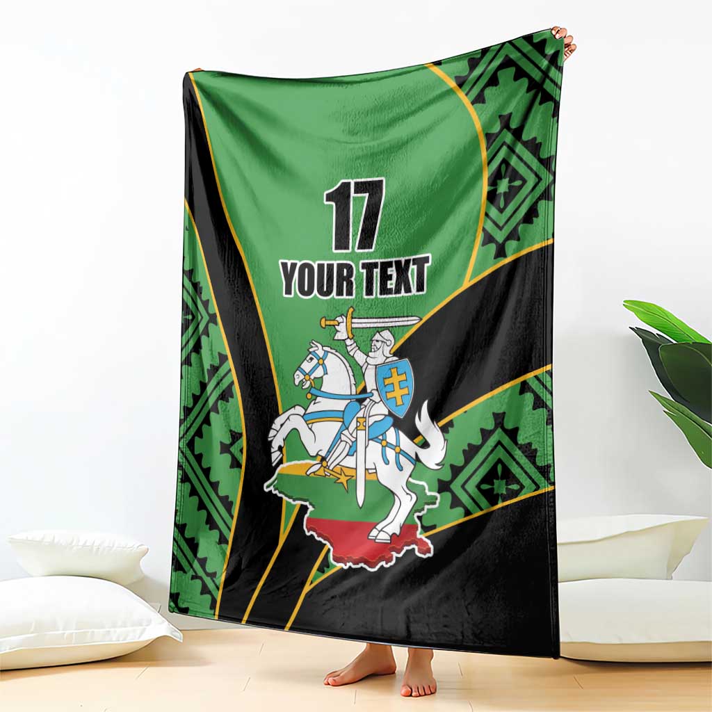 Green and black rugby-style blanket draped vertically showing '17 YOUR TEXT' rider crest