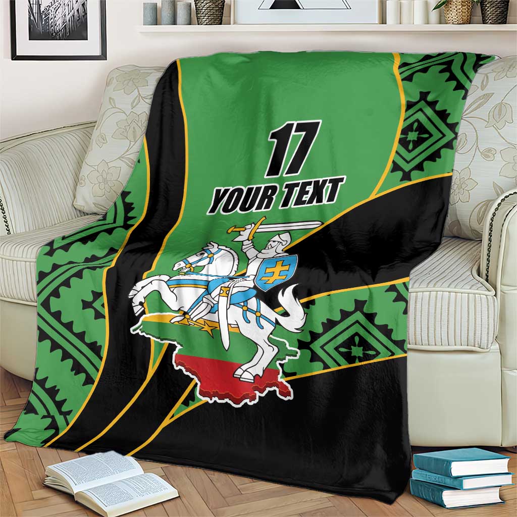 Green and black rugby-style blanket with bold '17 YOUR TEXT' rider crest, sofa view