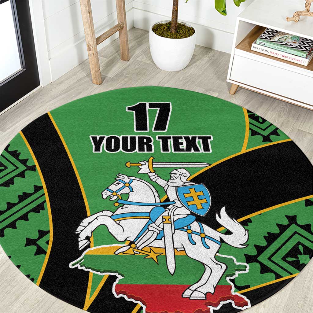 Green round area rug with black border and knight graphic, “17 YOUR TEXT”.