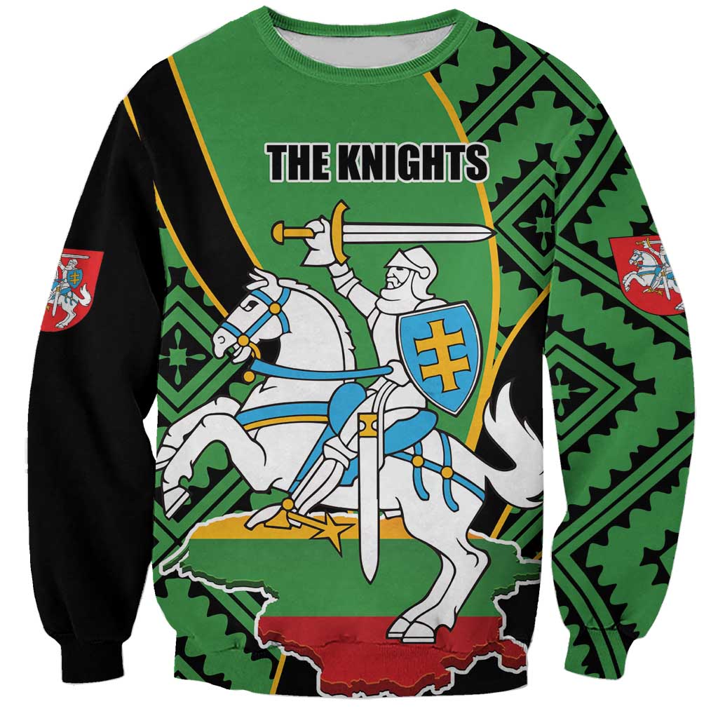 Green rugby sweatshirt with knights graphic, emblem and long sleeves