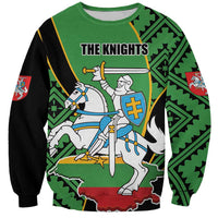 Green rugby sweatshirt with knights graphic, emblem and long sleeves