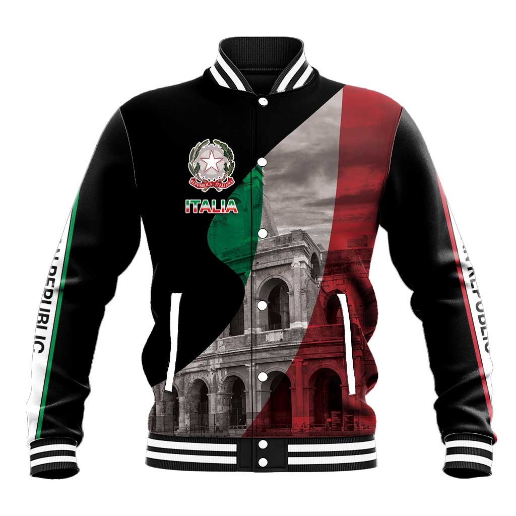 Black varsity baseball jacket with Italian crest, Italia patch, and graphic front panel