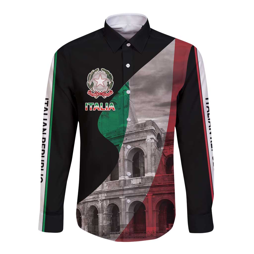 Black long sleeve button shirt with Italia crest and multicolor graphic front