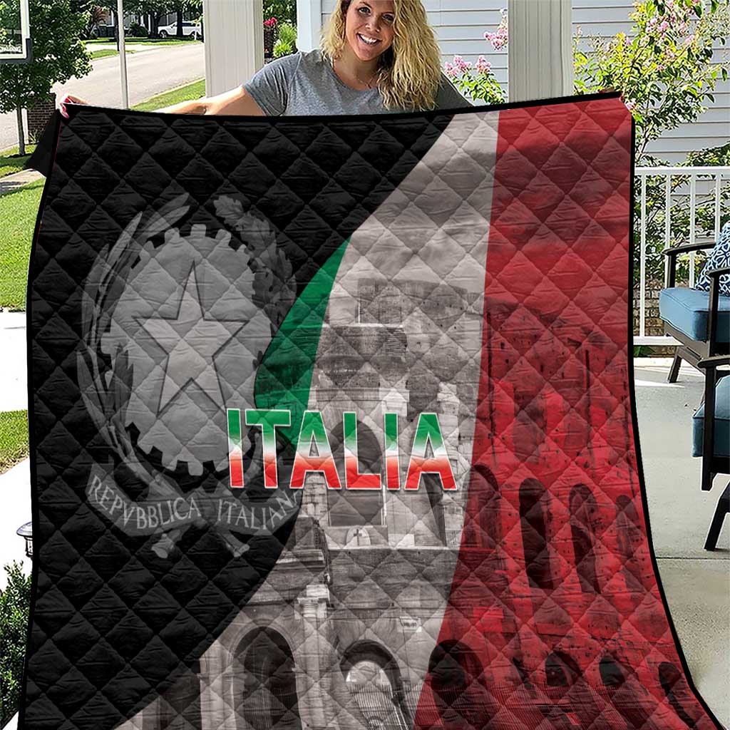 Quilted Italia themed throw blanket with tricolor flag, green stripe, and “ITALIA” print