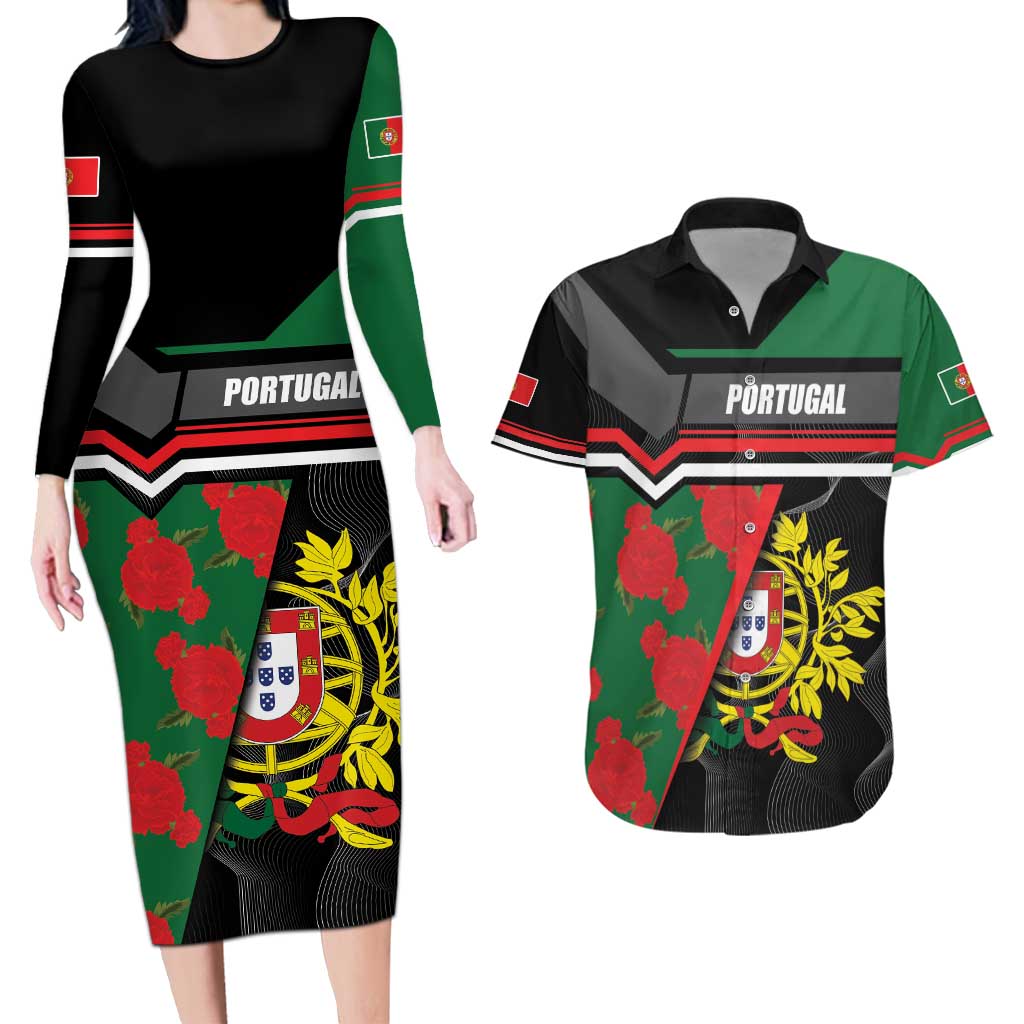 Personalized Portugal Coat of Arms with Carnation Couples Matching Long Sleeve Bodycon Dress and Hawaiian Shirt Portuguese Bandeira Verde-Rubra