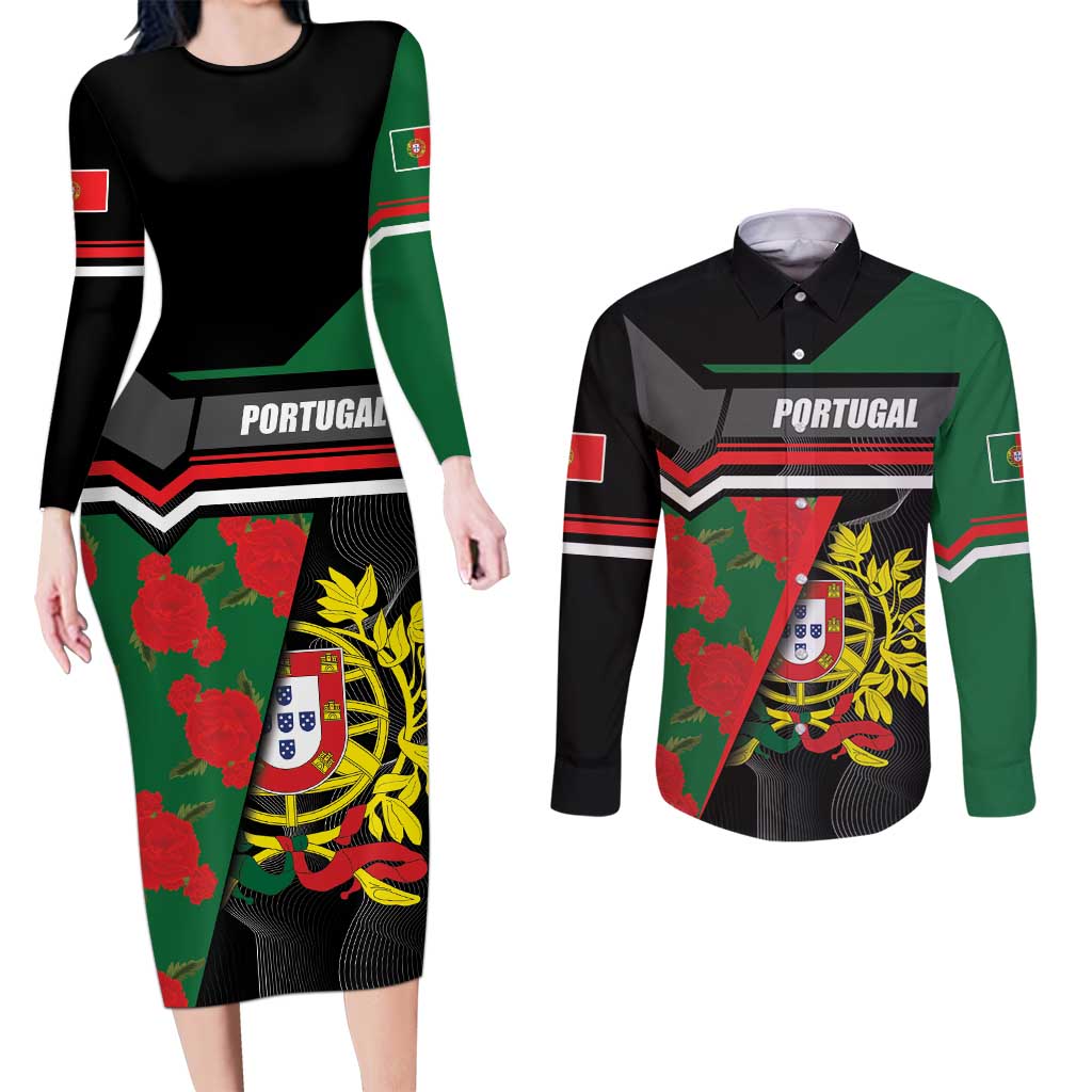 Personalized Portugal Coat of Arms with Carnation Couples Matching Long Sleeve Bodycon Dress and Long Sleeve Button Shirt Portuguese Bandeira Verde-Rubra