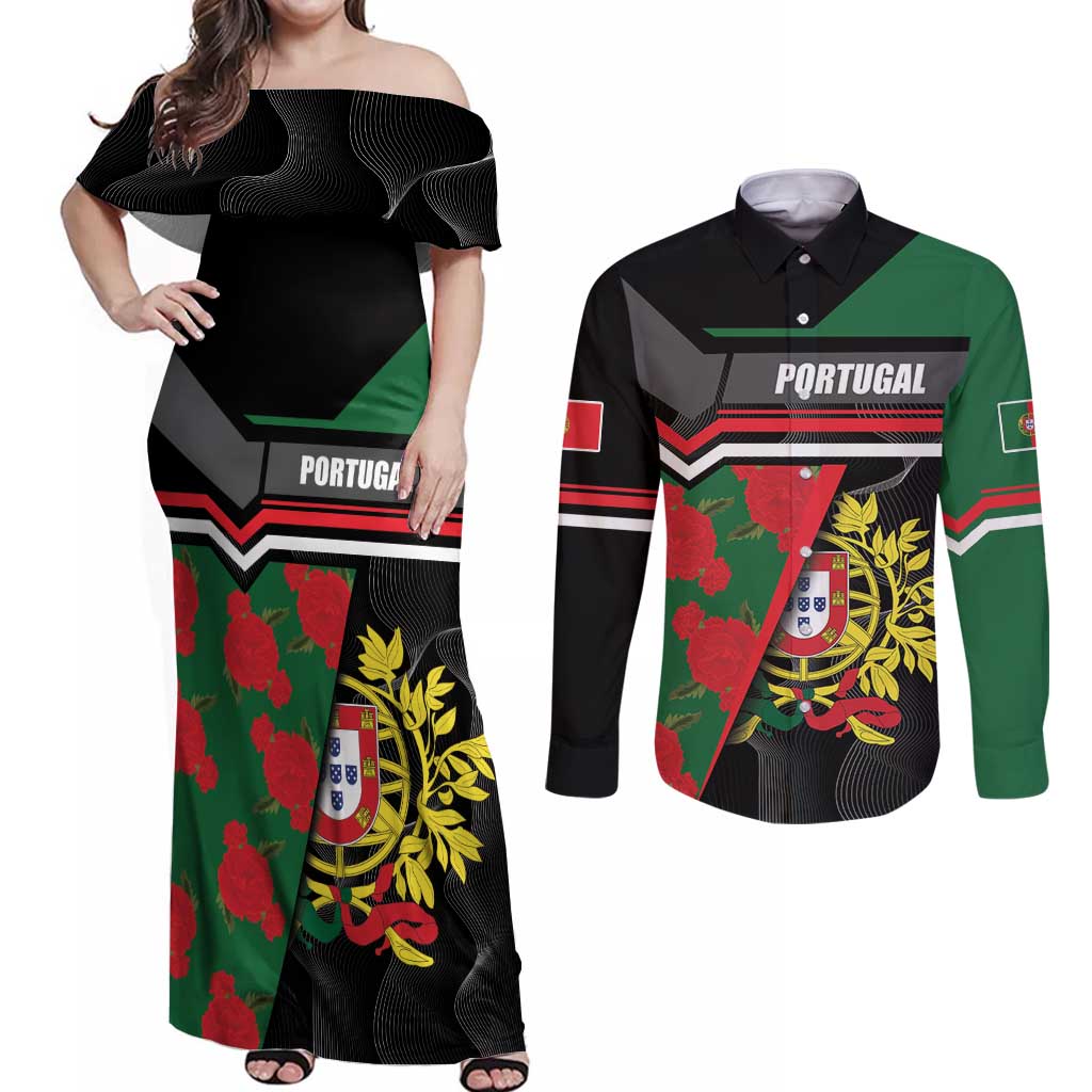 Personalized Portugal Coat of Arms with Carnation Couples Matching Off Shoulder Maxi Dress and Long Sleeve Button Shirt Portuguese Bandeira Verde-Rubra