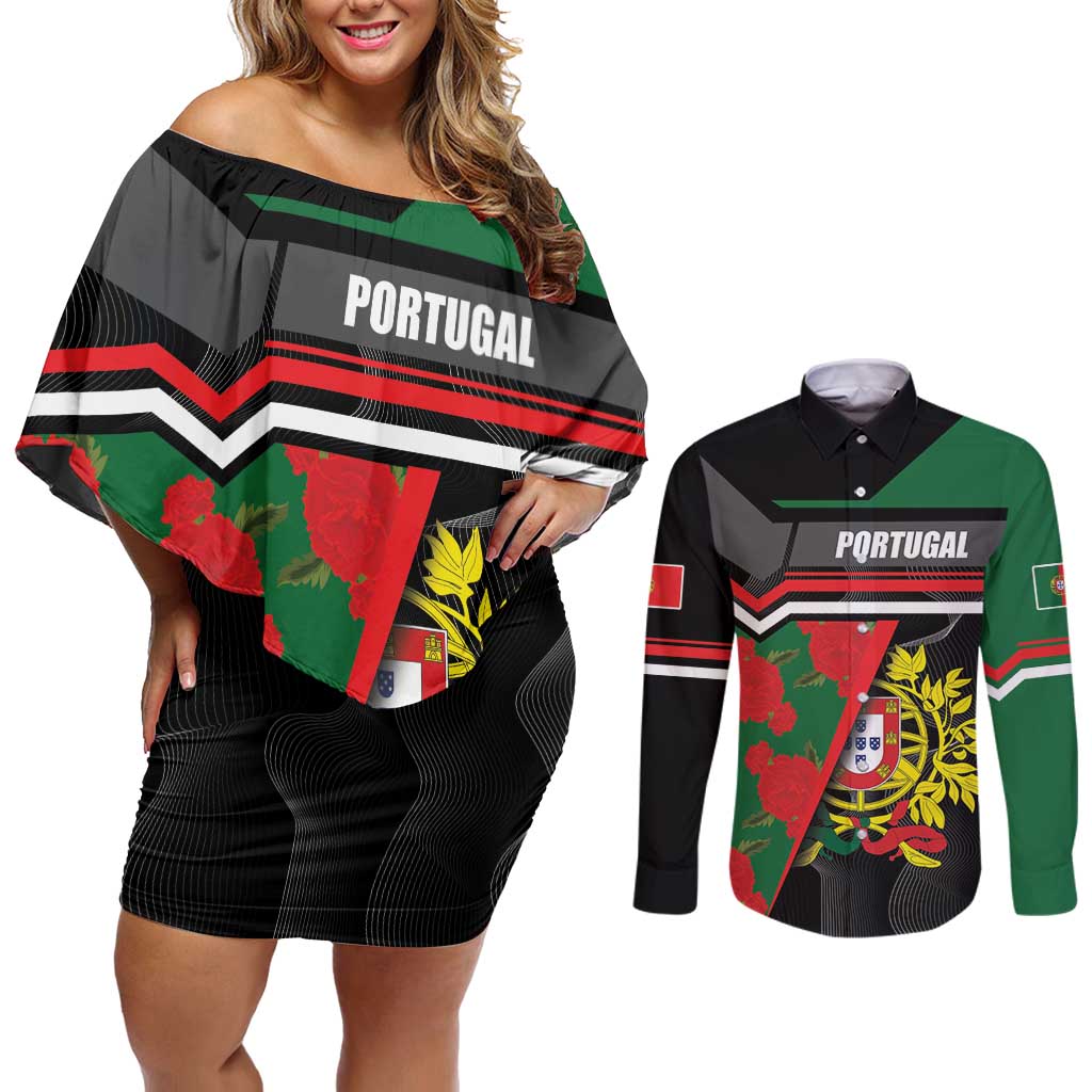 Personalized Portugal Coat of Arms with Carnation Couples Matching Off Shoulder Short Dress and Long Sleeve Button Shirt Portuguese Bandeira Verde-Rubra