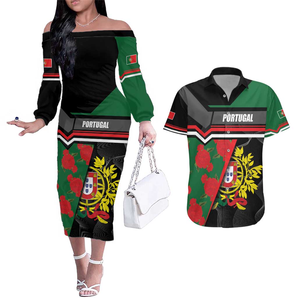 Personalized Portugal Coat of Arms with Carnation Couples Matching Off The Shoulder Long Sleeve Dress and Hawaiian Shirt Portuguese Bandeira Verde-Rubra