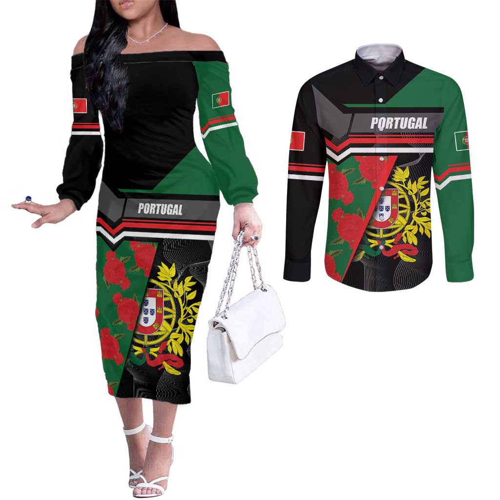 Personalized Portugal Coat of Arms with Carnation Couples Matching Off The Shoulder Long Sleeve Dress and Long Sleeve Button Shirt Portuguese Bandeira Verde-Rubra