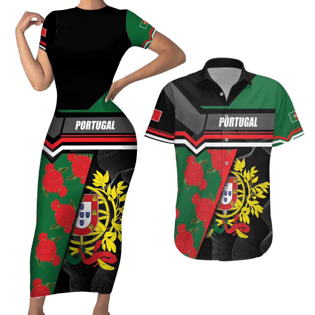 Personalized Portugal Coat of Arms with Carnation Couples Matching Short Sleeve Bodycon Dress and Hawaiian Shirt Portuguese Bandeira Verde-Rubra