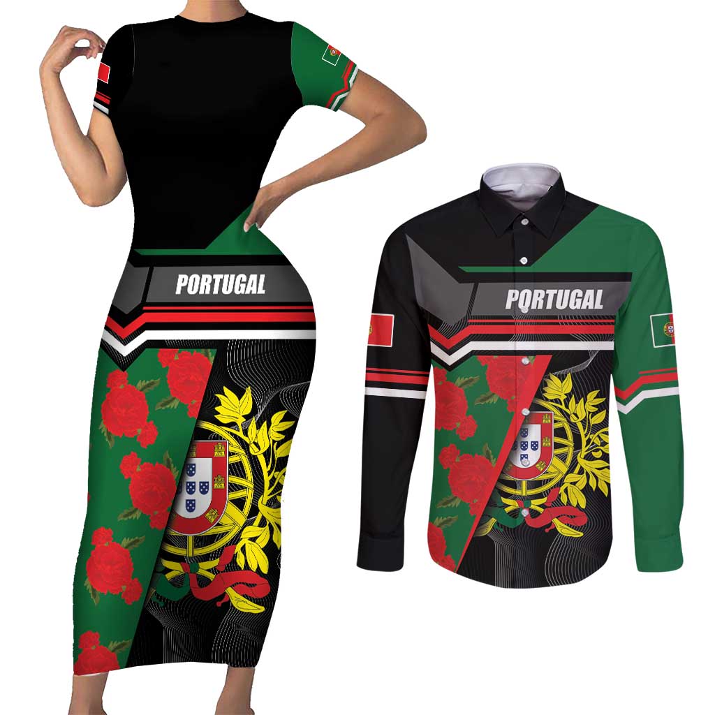 Personalized Portugal Coat of Arms with Carnation Couples Matching Short Sleeve Bodycon Dress and Long Sleeve Button Shirt Portuguese Bandeira Verde-Rubra