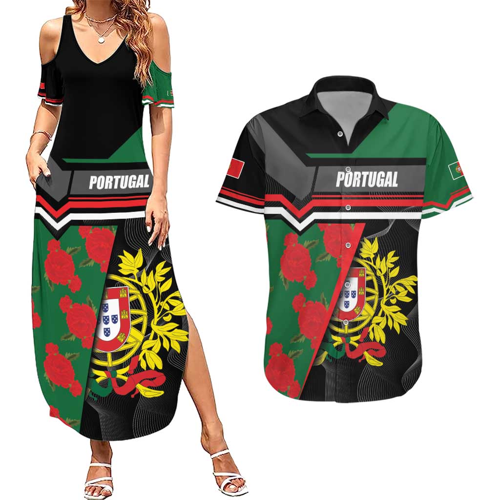 Personalized Portugal Coat of Arms with Carnation Couples Matching Summer Maxi Dress and Hawaiian Shirt Portuguese Bandeira Verde-Rubra