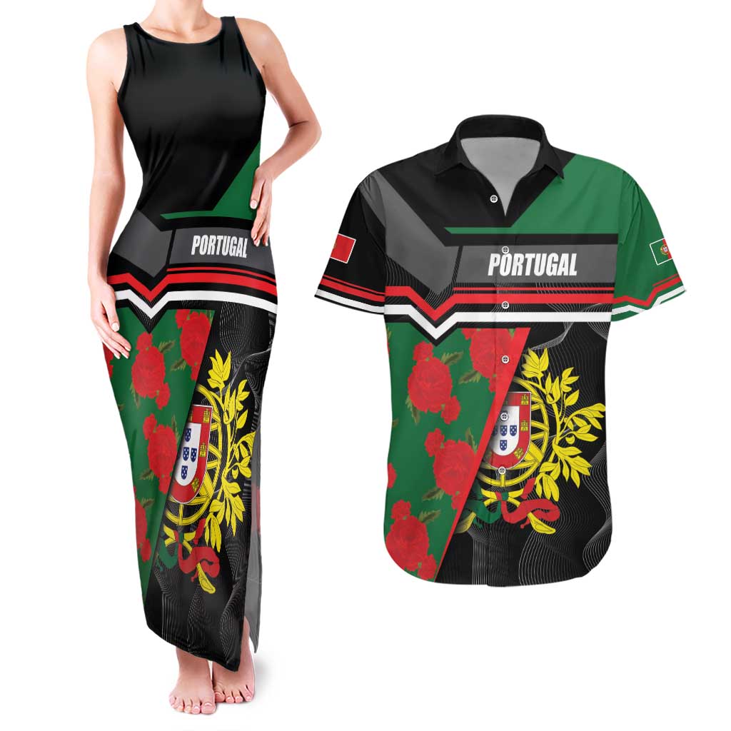 Personalized Portugal Coat of Arms with Carnation Couples Matching Tank Maxi Dress and Hawaiian Shirt Portuguese Bandeira Verde-Rubra