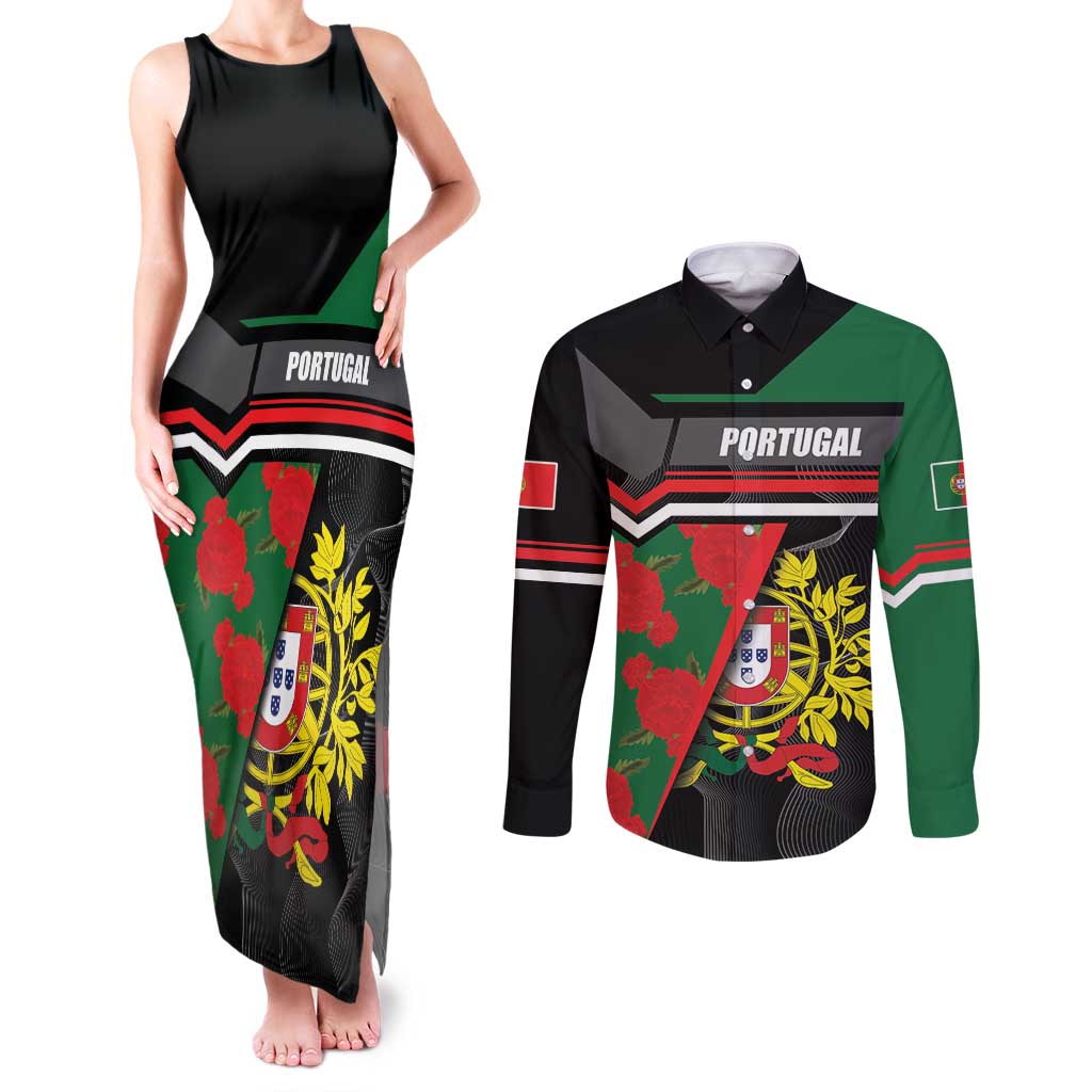 Personalized Portugal Coat of Arms with Carnation Couples Matching Tank Maxi Dress and Long Sleeve Button Shirt Portuguese Bandeira Verde-Rubra