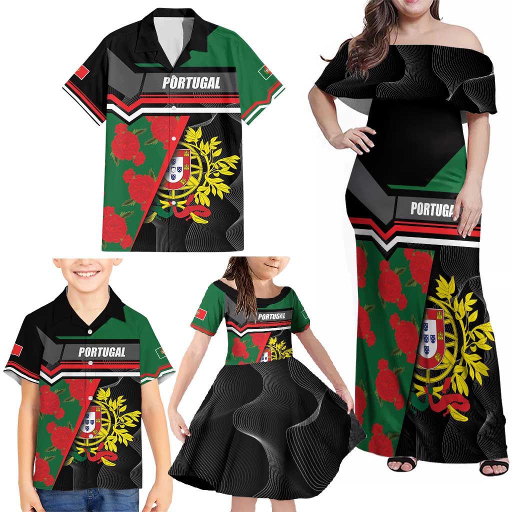 Personalized Portugal Coat of Arms with Carnation Family Matching Off Shoulder Maxi Dress and Hawaiian Shirt Portuguese Bandeira Verde-Rubra