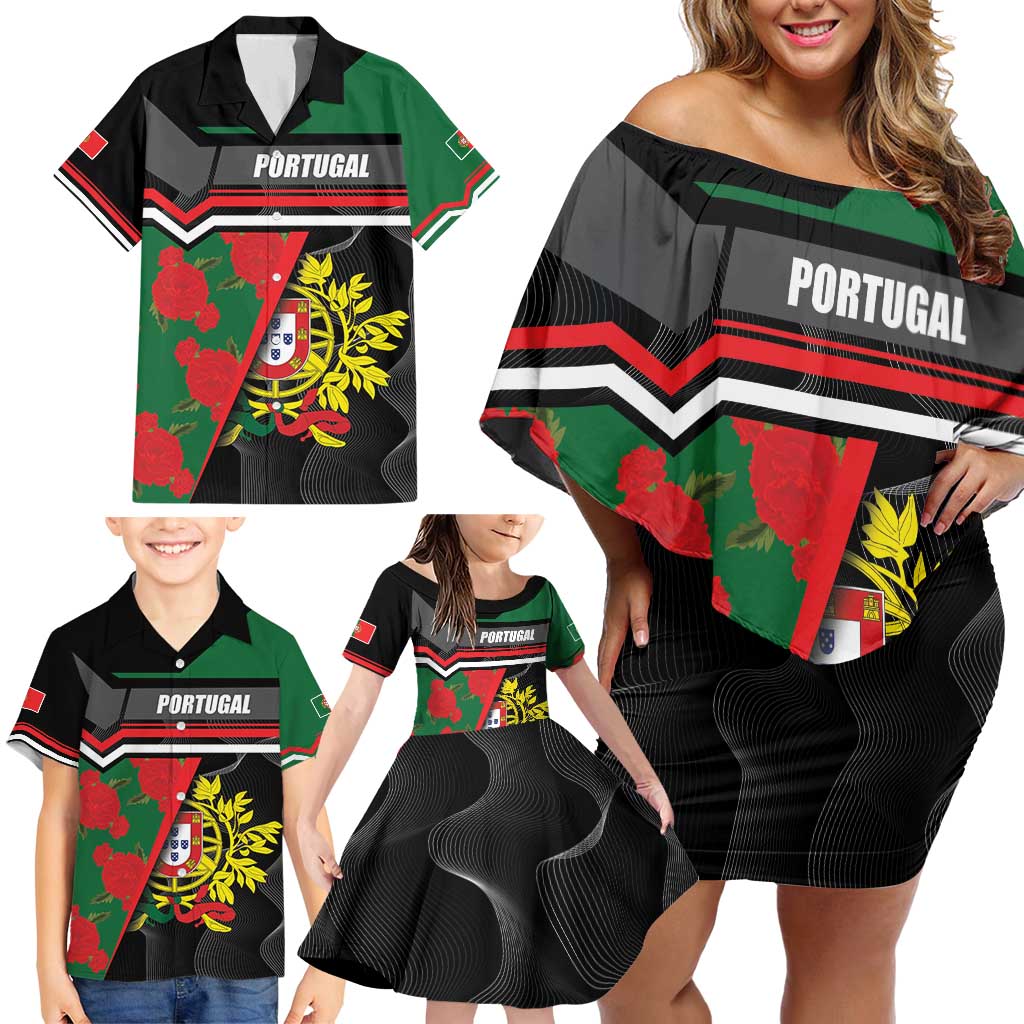 Personalized Portugal Coat of Arms with Carnation Family Matching Off Shoulder Short Dress and Hawaiian Shirt Portuguese Bandeira Verde-Rubra