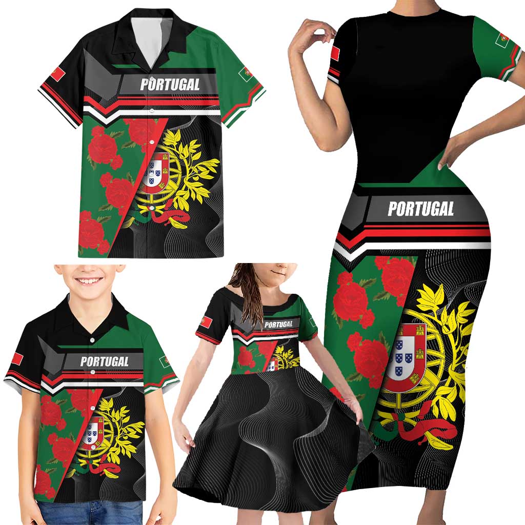 Personalized Portugal Coat of Arms with Carnation Family Matching Short Sleeve Bodycon Dress and Hawaiian Shirt Portuguese Bandeira Verde-Rubra