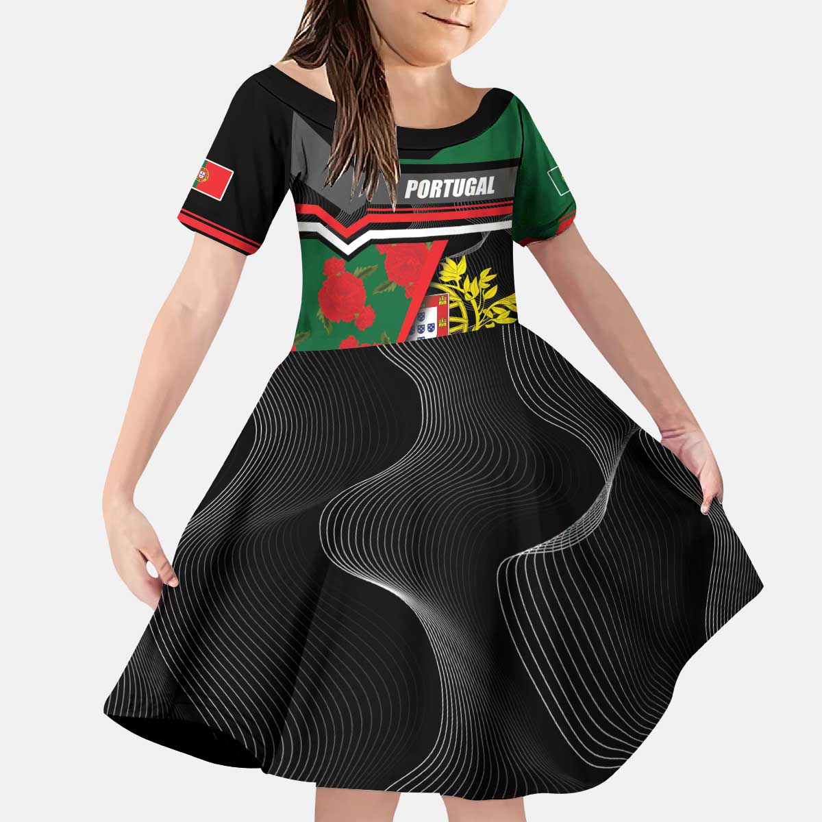 Personalized Portugal Coat of Arms with Carnation Kid Short Sleeve Dress Portuguese Bandeira Verde-Rubra