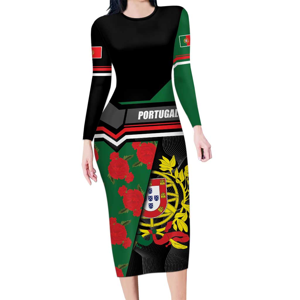 Personalized Portugal Coat of Arms with Carnation Long Sleeve Bodycon Dress Portuguese Bandeira Verde-Rubra