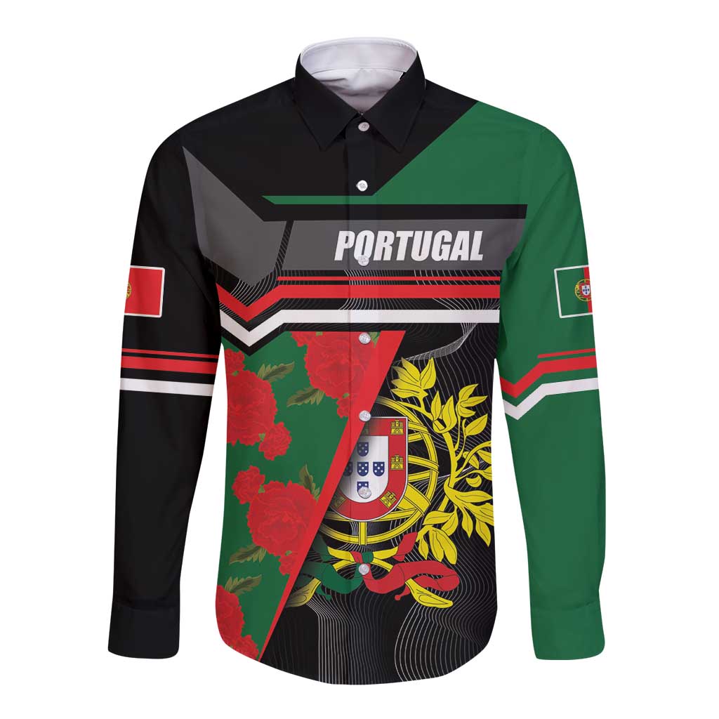 Personalized Portugal Coat of Arms with Carnation Long Sleeve Button Shirt Portuguese Bandeira Verde-Rubra