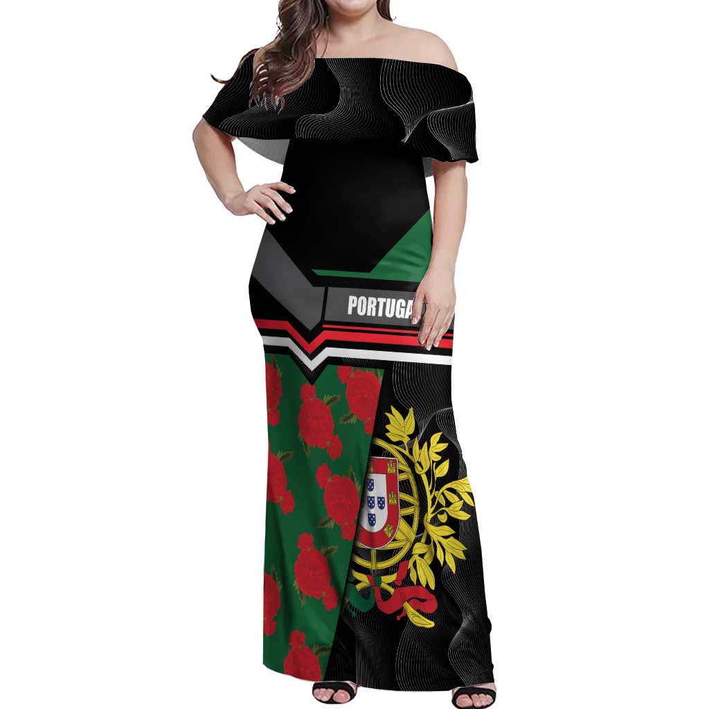 Personalized Portugal Coat of Arms with Carnation Off Shoulder Maxi Dress Portuguese Bandeira Verde-Rubra