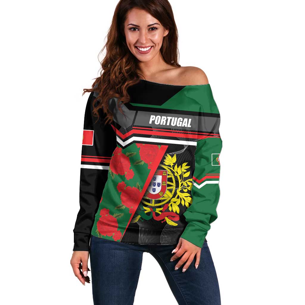 Personalized Portugal Coat of Arms with Carnation Off Shoulder Sweater Portuguese Bandeira Verde-Rubra