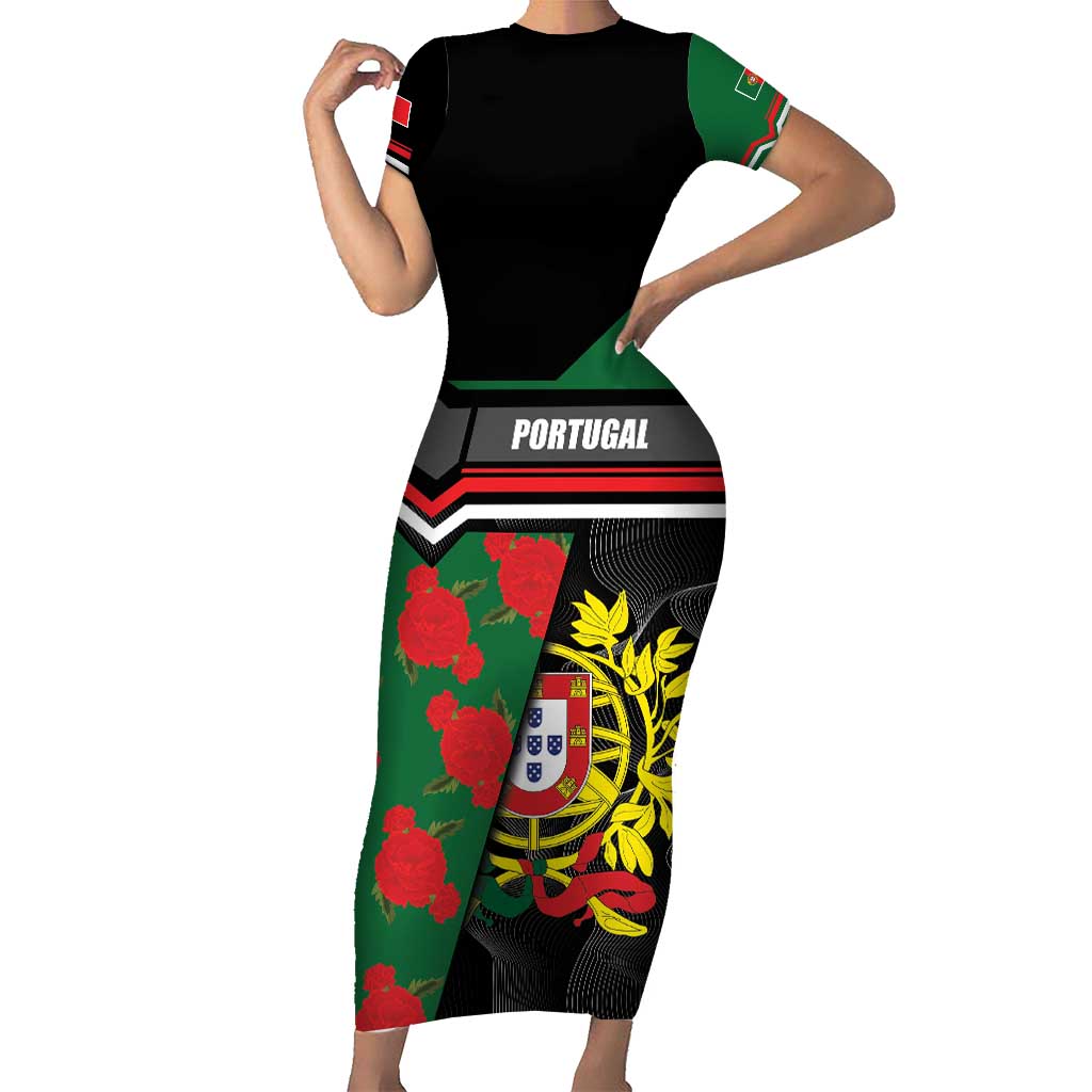 Personalized Portugal Coat of Arms with Carnation Short Sleeve Bodycon Dress Portuguese Bandeira Verde-Rubra