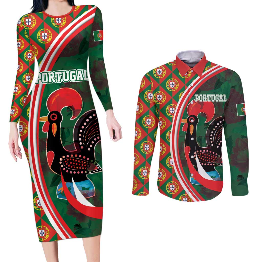 Personalized Portugal Rooster of Barcelos Couples Matching Long Sleeve Bodycon Dress and Long Sleeve Button Shirt Portuguese Flag