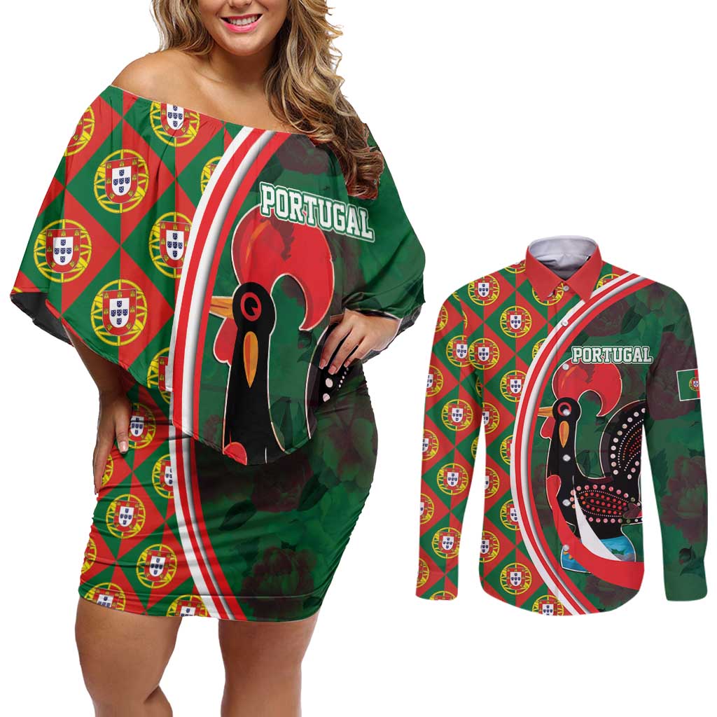 Personalized Portugal Rooster of Barcelos Couples Matching Off Shoulder Short Dress and Long Sleeve Button Shirt Portuguese Flag