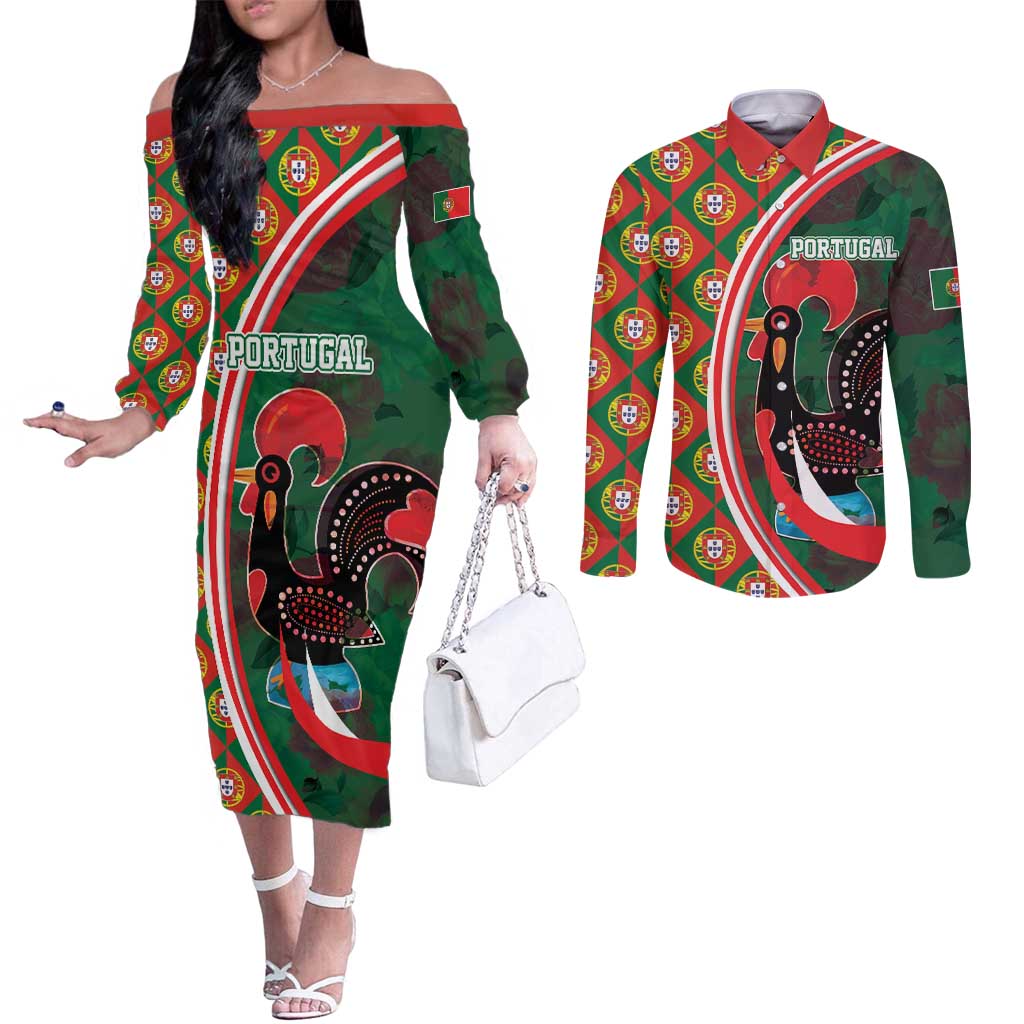 Personalized Portugal Rooster of Barcelos Couples Matching Off The Shoulder Long Sleeve Dress and Long Sleeve Button Shirt Portuguese Flag