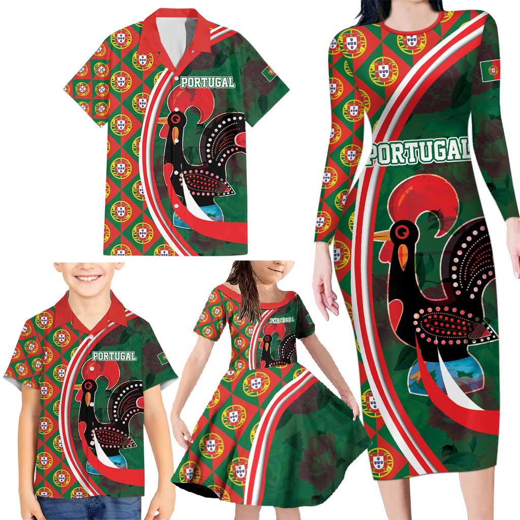 Personalized Portugal Rooster of Barcelos Family Matching Long Sleeve Bodycon Dress and Hawaiian Shirt Portuguese Flag