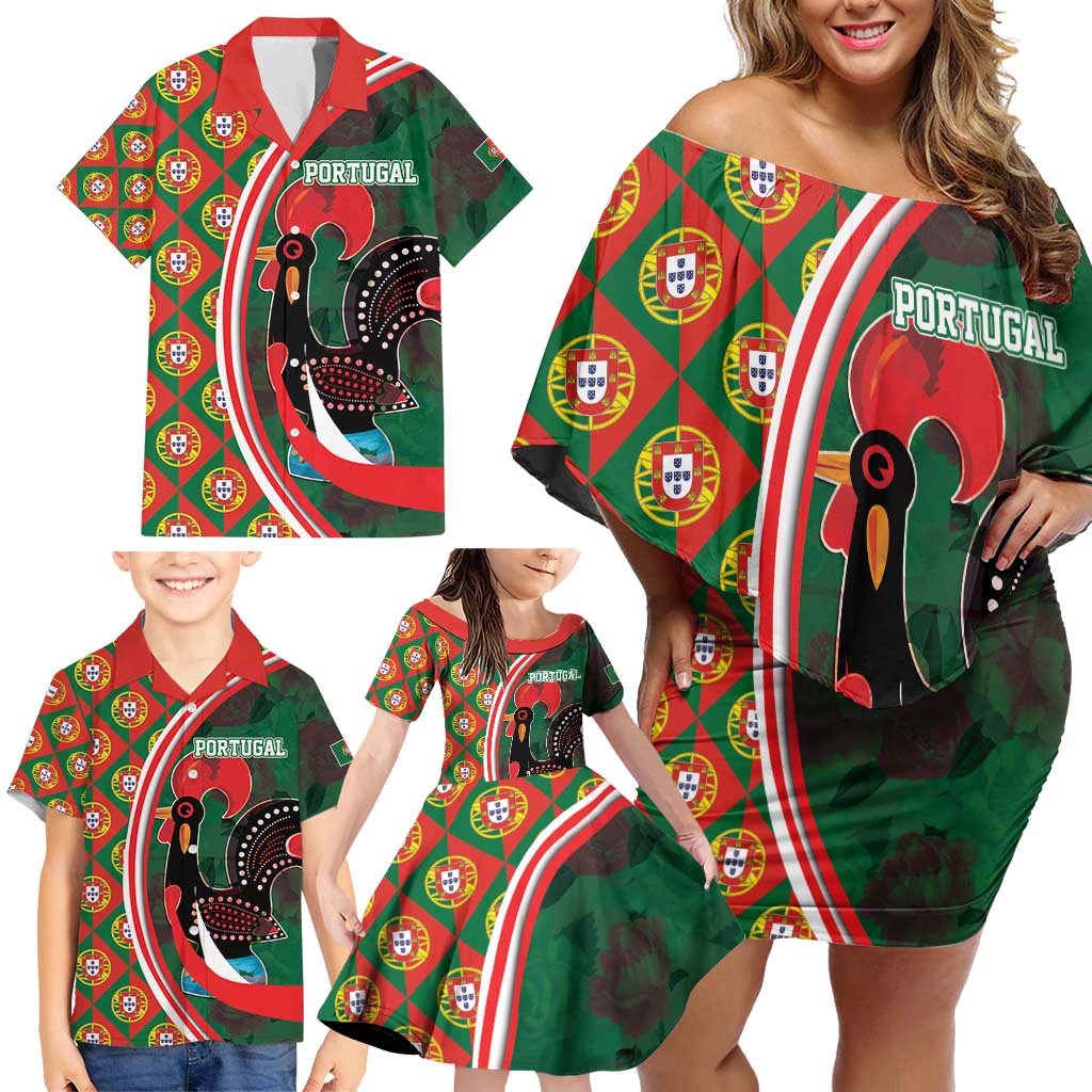 Personalized Portugal Rooster of Barcelos Family Matching Off Shoulder Short Dress and Hawaiian Shirt Portuguese Flag