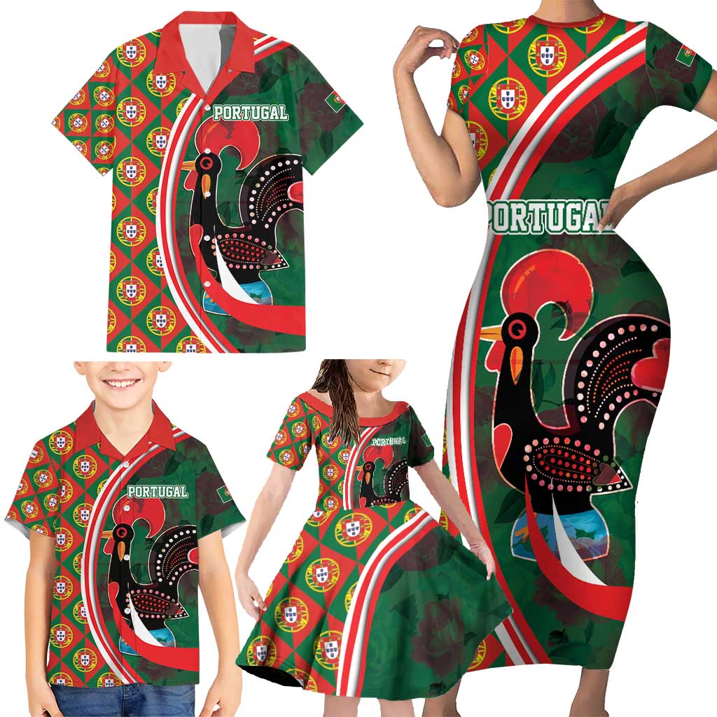 Personalized Portugal Rooster of Barcelos Family Matching Short Sleeve Bodycon Dress and Hawaiian Shirt Portuguese Flag