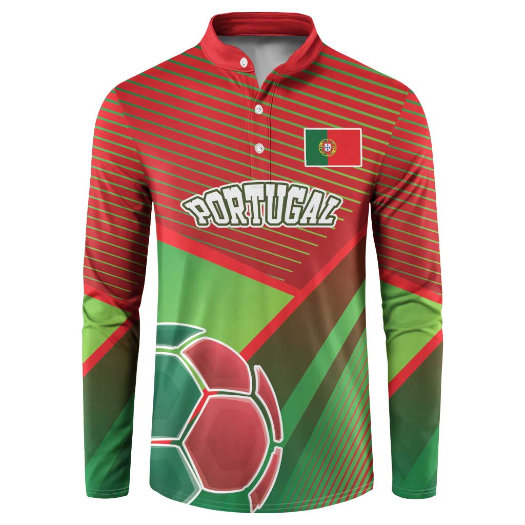Red and green striped football sweatshirt with button placket, crest logo, front graphic
