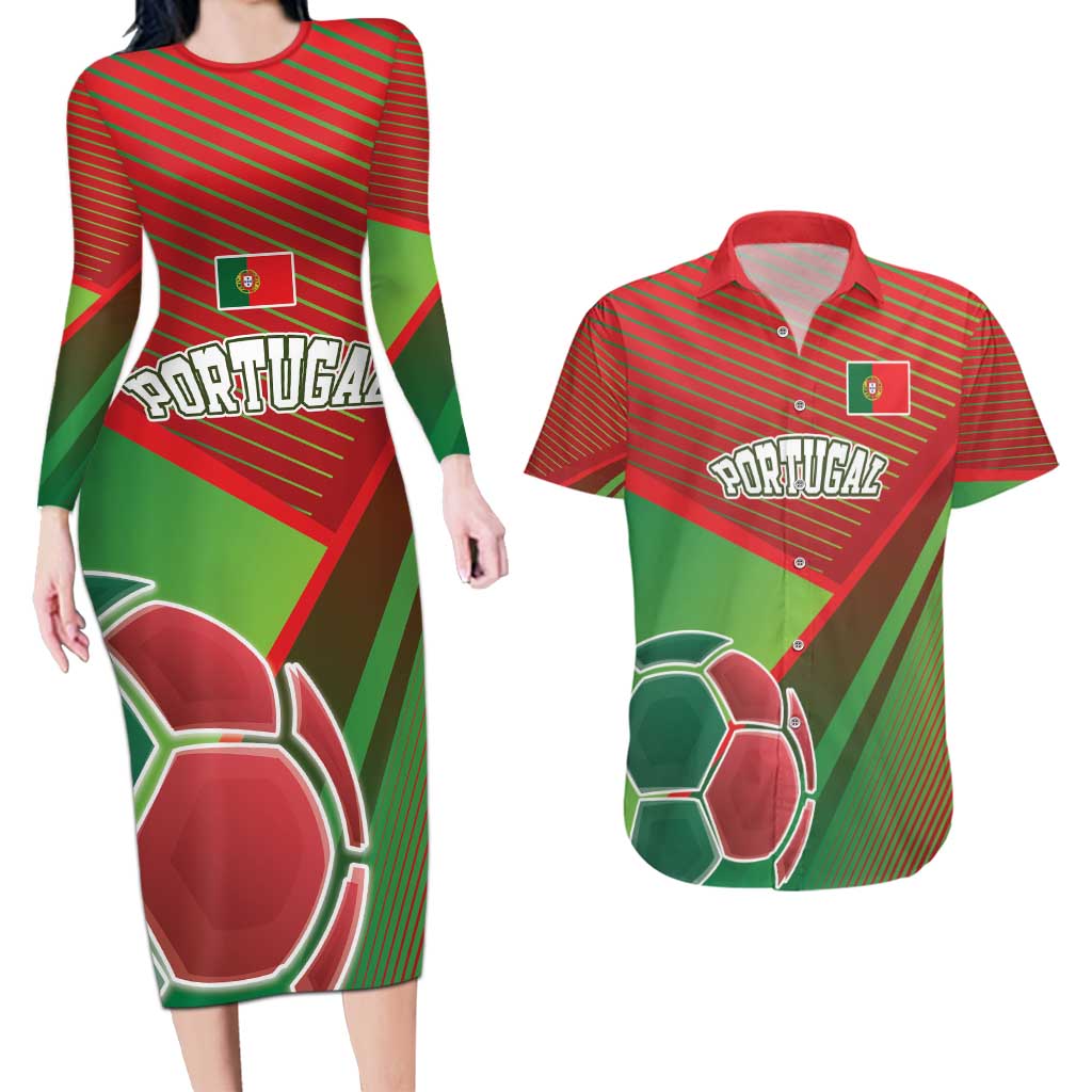 Custom Portugal Football Go Champions Couples Matching Long Sleeve Bodycon Dress and Hawaiian Shirt Sporty Style