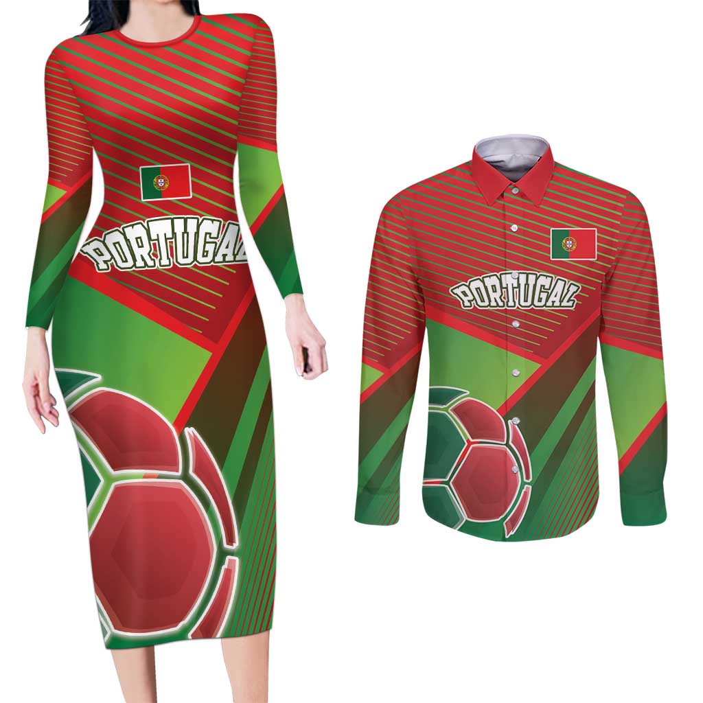 Custom Portugal Football Go Champions Couples Matching Long Sleeve Bodycon Dress and Long Sleeve Button Shirt Sporty Style