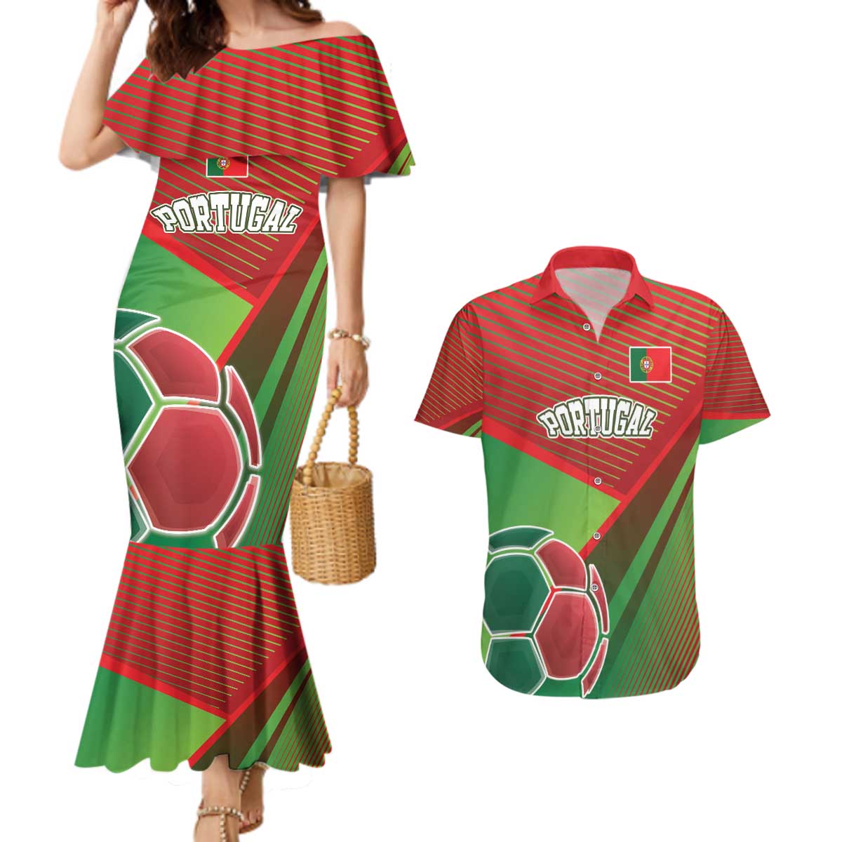 Custom Portugal Football Go Champions Couples Matching Mermaid Dress and Hawaiian Shirt Sporty Style