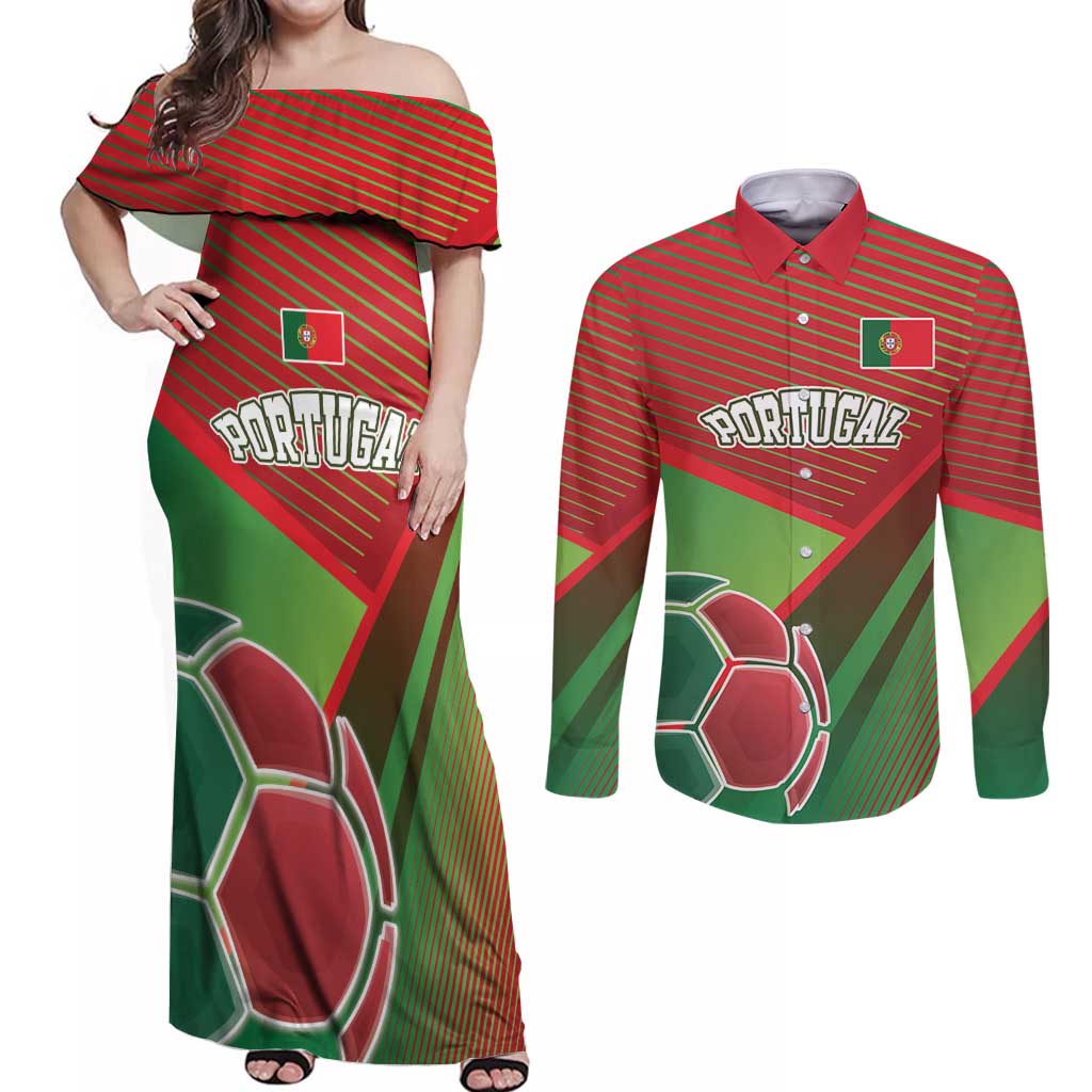 Custom Portugal Football Go Champions Couples Matching Off Shoulder Maxi Dress and Long Sleeve Button Shirt Sporty Style